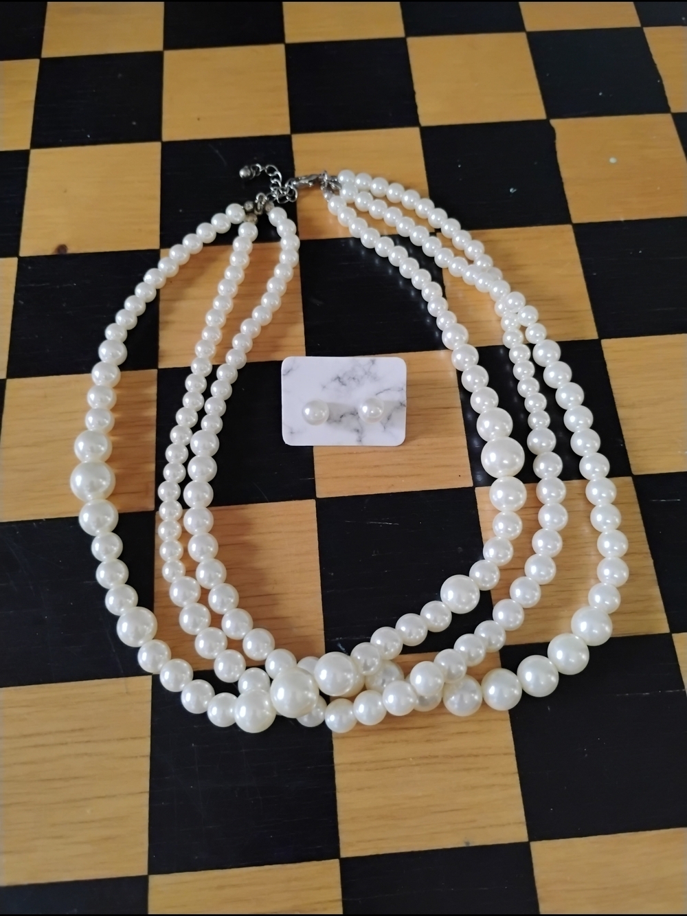 Classic White Pearl Multi-Strand Necklace with Stud Earrings